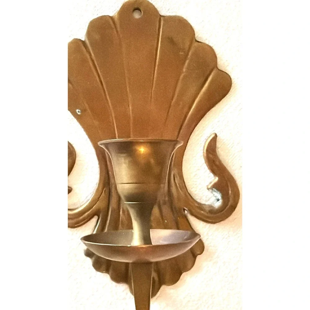 Vintage Brass Candle Wall Sconce Pair Shell MCM Hollywood Regency Cottage Core